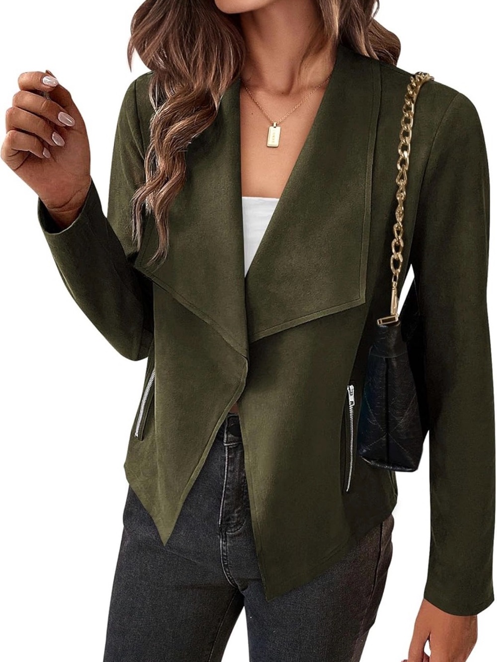 Women's Olive Open-Front Suede-Feel Blazer